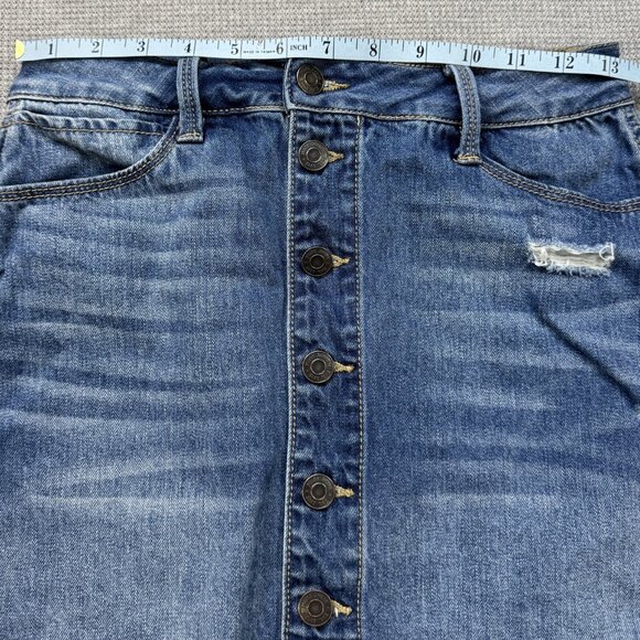 Mudd Womens Blue Distressed Denim Skirt Button Front FLX Stretch Raw Hem Size 1 - Picture 8 of 12